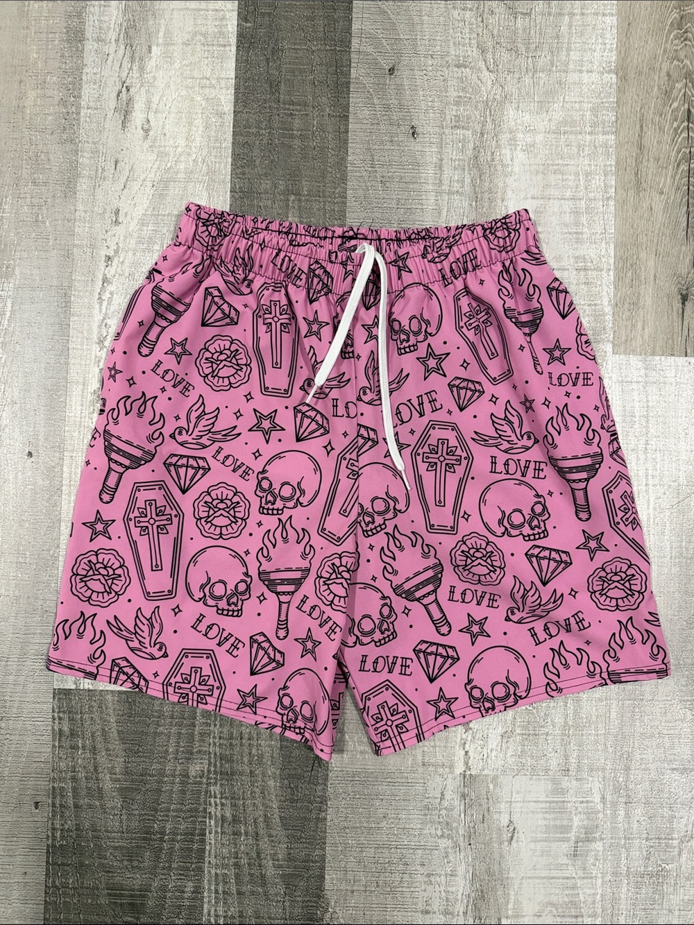 Men’s Pink Tattoo Print Swim Trunks